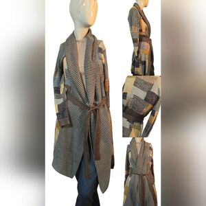 NIC+ZOE Multicolor Blue Patchwork  Striped Cardigan ~Medium Cottonblend Retro